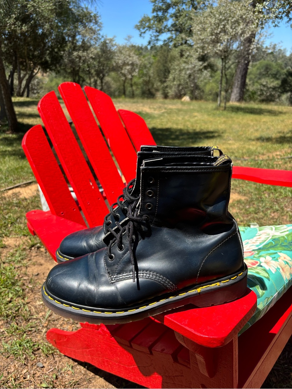 Dr. Martens 90’s Dark Navy Blue Leather Lace-Up Boots with Yellow Stitching